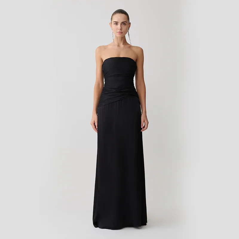 Vestido Longo Preto Tomara que Caia com Drapeado e Costas Nuas com Amarração para Mulheres, Vestido Formal de Noite até o Chão para Baile de Formatura e Convidada de Casamento 2026