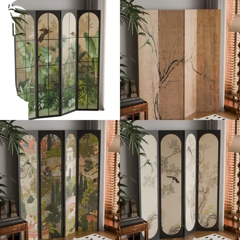 Portable Folding Room Divider Screen Floral Bird Pattern Partition for Living Room Bedroom Office Entrance Decor
