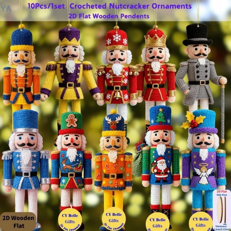 【SA】【YA】10Pcs Crocheted Nutcracker Ornaments With 2D Flat Wooden Base For Christmas Holiday Party Decoration