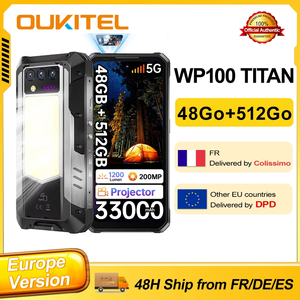 OUKITEL WP100 TITAN 33000mAh 66W Tlphone Robuste cran 6.8'' 120Hz 5G Smartphone 48Go(16+ 32) 512 Go 200MP Android 14