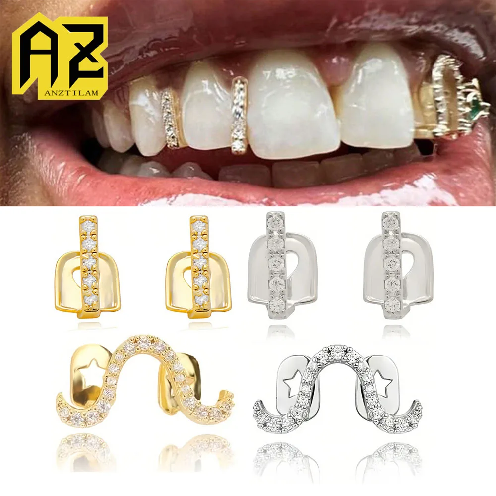 

Набор Anztilam с 3 зубами Iced Out Grillz, полный циркон, блестящие грили для мужчин и женщин, хип-хоп, зубные грили, колпачки, латунные модные украшения