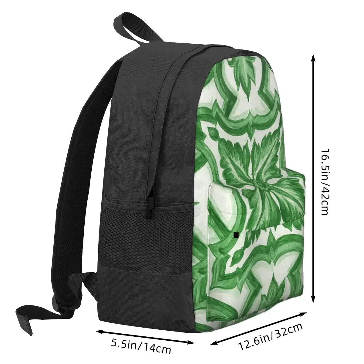 Green Ornate Floral Mediterranean Sicilian Tile Backpack Daypack Large Capacity BookBag School Bag Shoulder Bags for Men Women