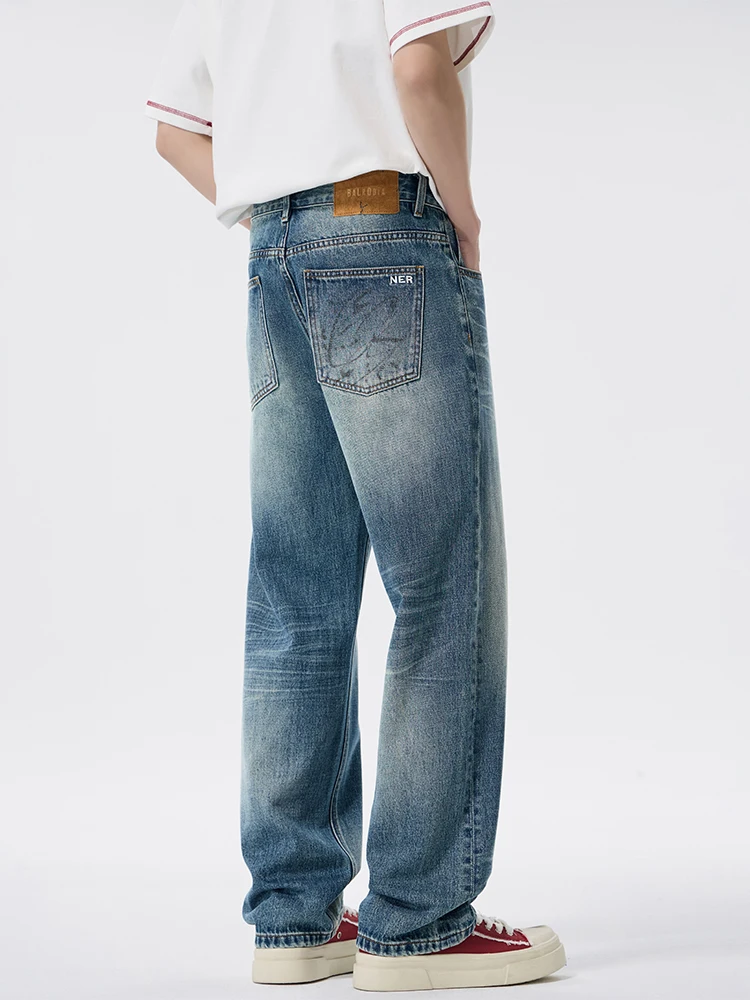 

KSTUN 2026 Spring & Autumn Wide-leg Jeans For Men Vintage Whisker Washed Loose Male Denim Pants with Graffiti Back Pocket Design