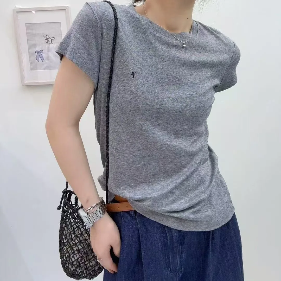 JTEN 2025年夏 レディース ルーズフィット ラウンドネック 半袖Tシャツ 伸縮性 刺繍ラベル トレンド 韓国風トップス