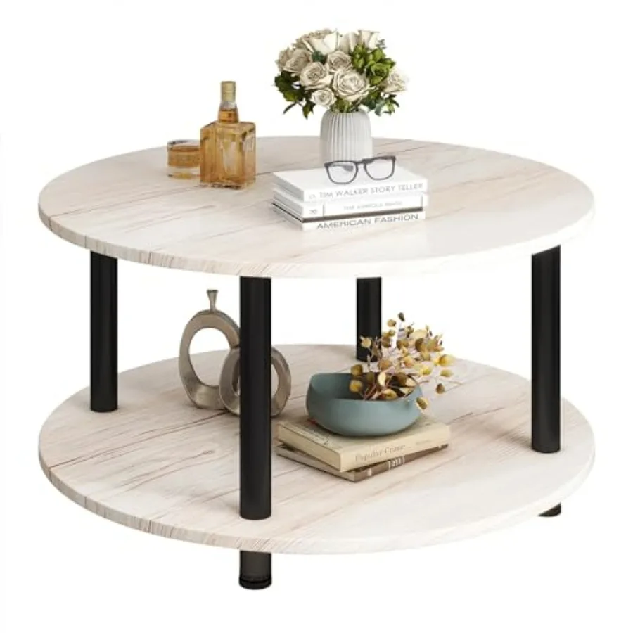 

23.6 Round Coffee Table 2-Tier Small Circle Coffee Table with Storage Modern Center Accent Table with Metal Frame Side Table En
