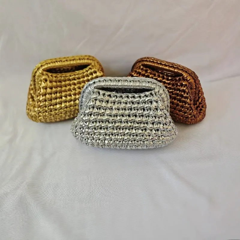 Handwoven Chain Messenger Bag Women's Mini Small Fragrant Style Metal Cloth Strip Crocheted Fashion Handbag New