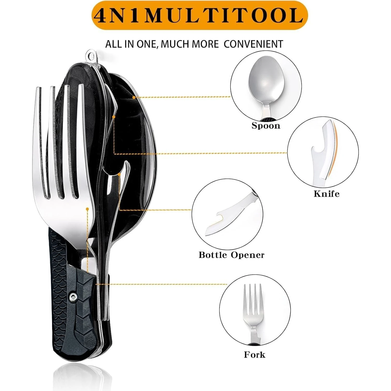 2 Pcs Camping Flatware, Stainless Steel Spoon Fork Knife Bottle Opener 4-in-1 Combo Utensil, Detachable Foldable Cutlery Set