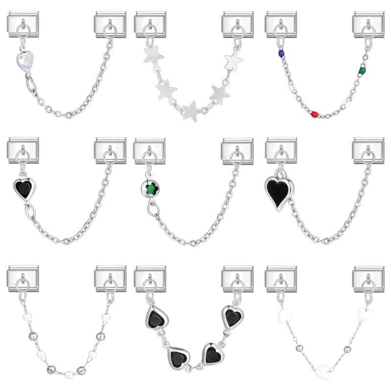 Set Tassel Chain Butterfly Eyes Heart Star Italian Charm Links Fit 9mm Bracelet Stainless Steel Women DIY Jewelry Making Gifts