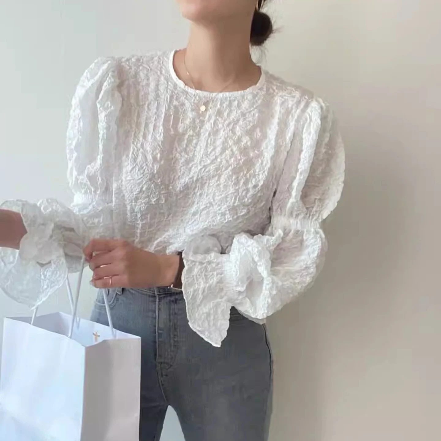 

Ele Pure Color Loose ort Sve Long irt for Women Spring Commute Sle Bubble Print irt Versatile Casual Top