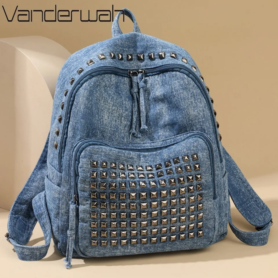 Vintage Riveted Denim Backpack Students School Bag Large Capacity Washed Jeans Rucksack for Women Casual Travel Daypack Rucksack