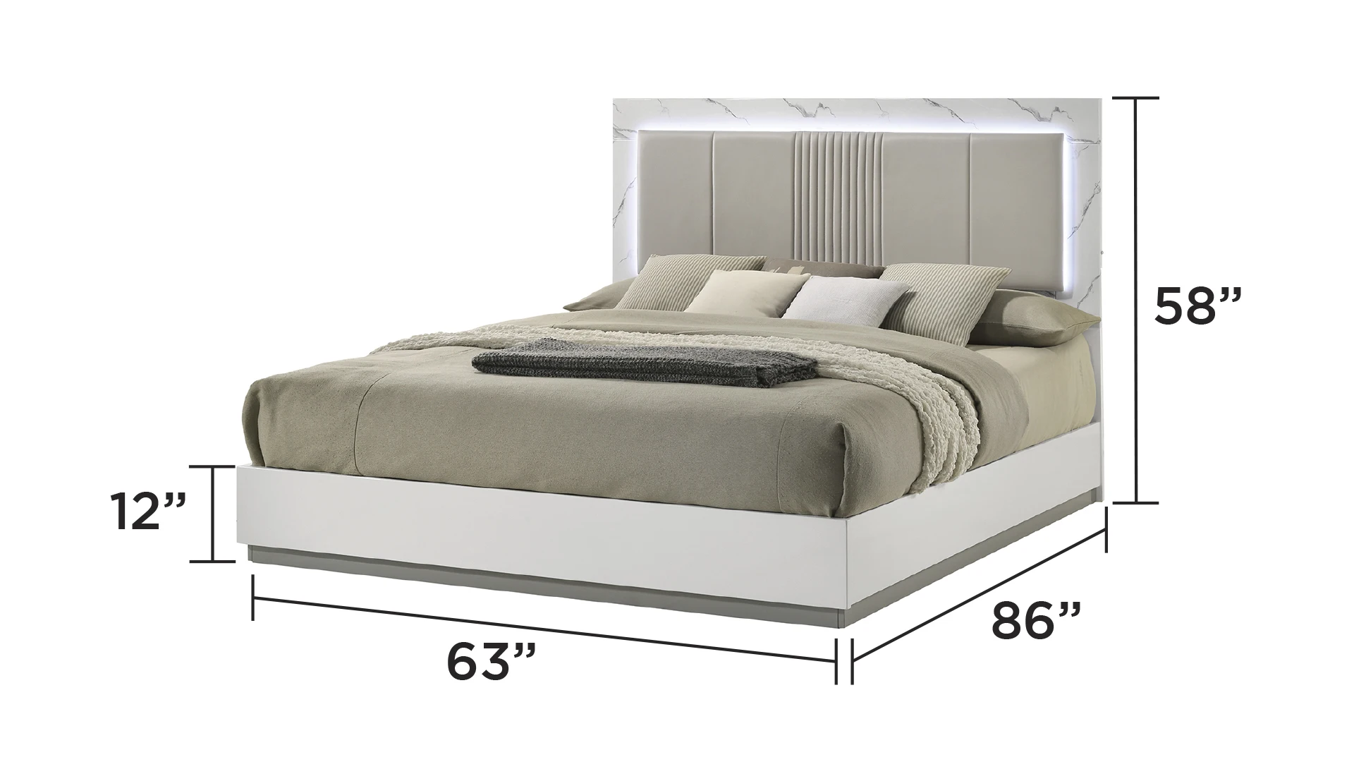 ！@Queen 5-Piece Modern Metal Bed Set Two-Tone High-Gloss Marble Lacquer Finish LED Lighting Spacious Fabric Upholstery