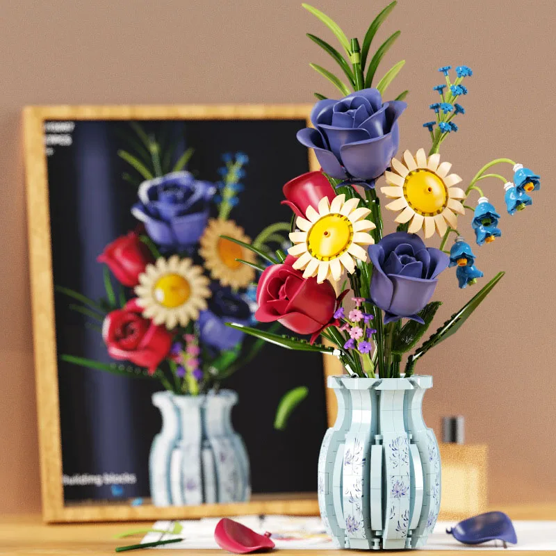 Creativo 787PCS Blu Rosa Vaso Piante Modello Building Blocks MOC Romantico Classico Bouquet di Fiori In Vaso di Mattoni Giocattolo Per I Bambini Regalo