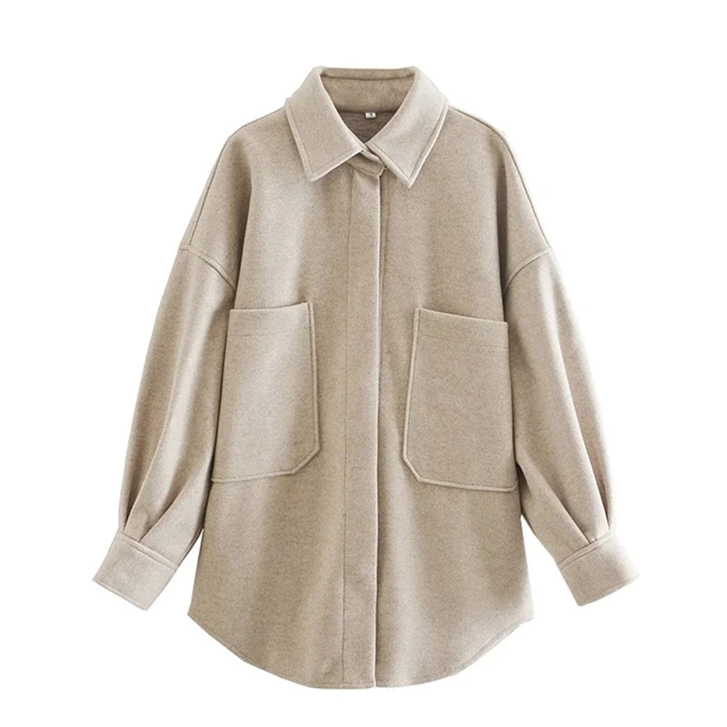 Fashion Tweed Loose Vintage Long Sleeve Casual Manteau Winter Women Shirt Coat with Pockets Female Hidden Button Outerwear Tops