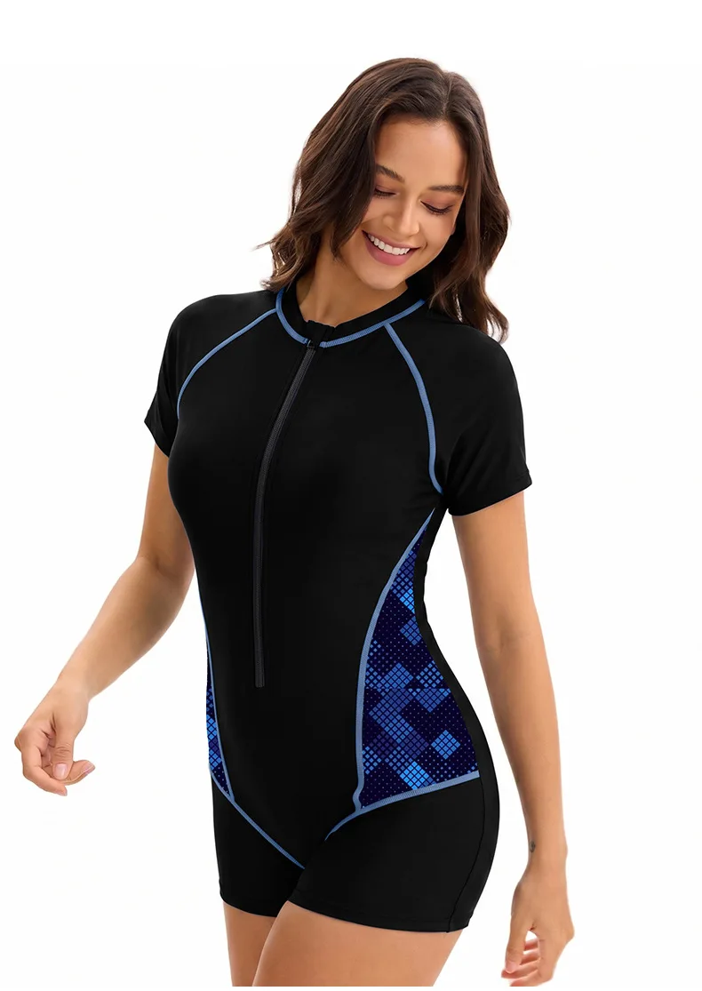 One Piece Swimsuit Women Short Sleeve Surf Diving Suit Rash Guard Swimwear with Bra Pads High Elasticity Beachwear UPF 50+