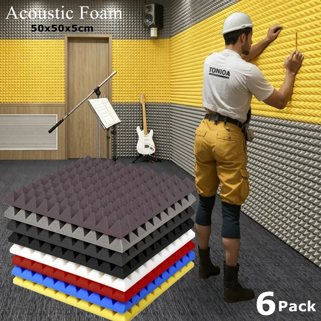 Soundproof Foam 6Pack 50x50x5cm Studio Pyramid Acoustic Foam Sound Absorption Noise Insulation Treatment Wall Panels For 1.5㎡