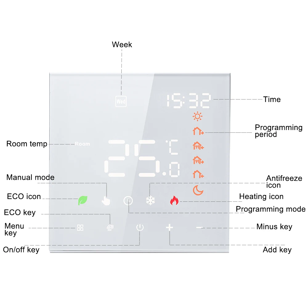 Smart Thermostat Digital Programmable LCD Display Touchscreen Underfloor Heating Temperature Controller Digital Intelligent Wall