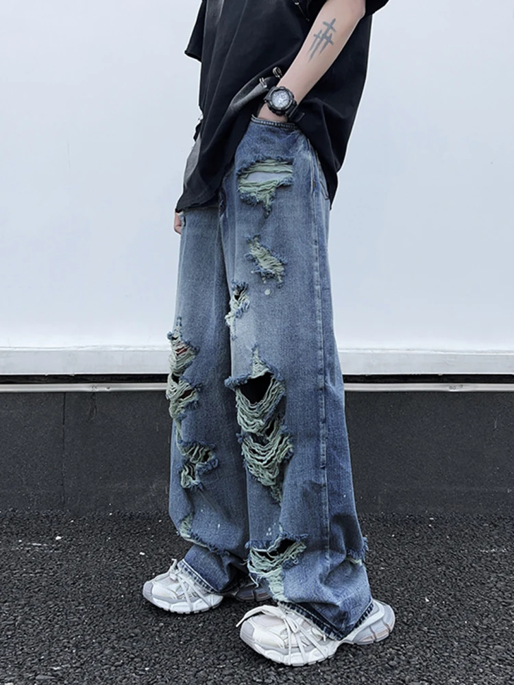 Washed Gradient Distressed Ripped Jeans Hip Hop Denim Pants Loose Design Wide Leg Pants Vintage Jeans Pants