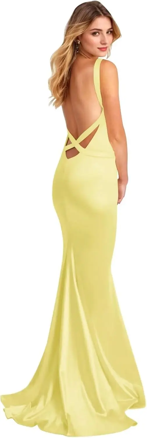 

Mermaid Satin Bridesmaid Dresses for Women Backless Long Prom Dress SpaghettiStrapsFormalEveningGownFashionV NeckEvening Dresses