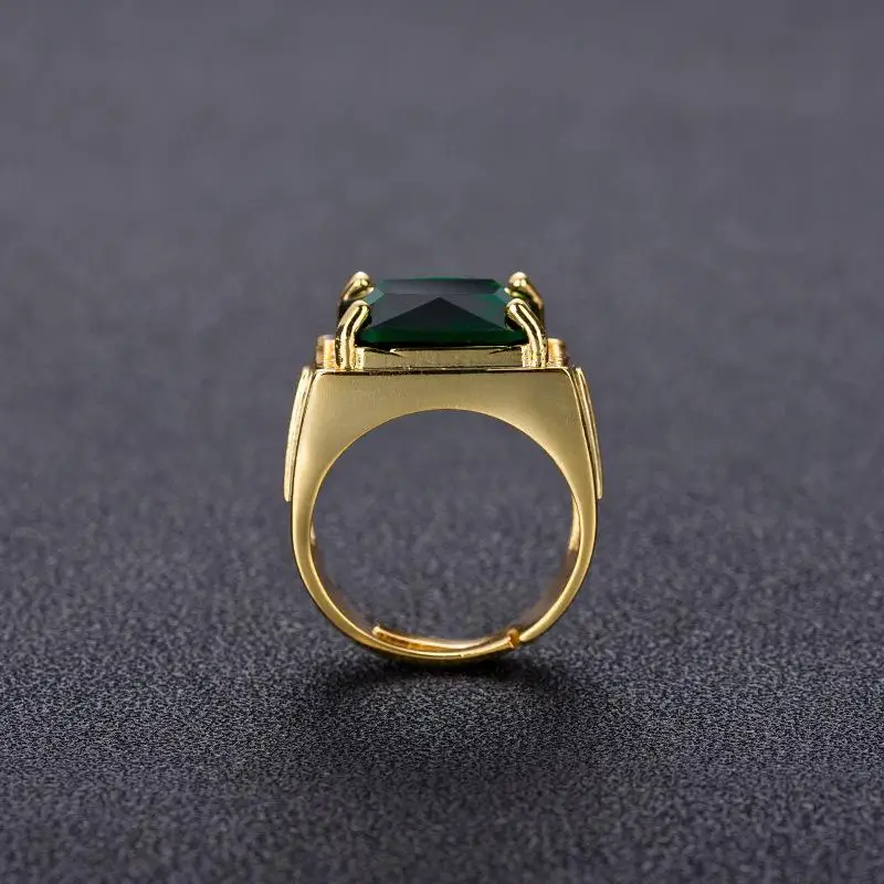 HOYON Popular Emerald Rings Men\'s Jewelry Retro Style Square Ethnic Rings 14k Gold Color Open Green Diamond Ring for Gift box