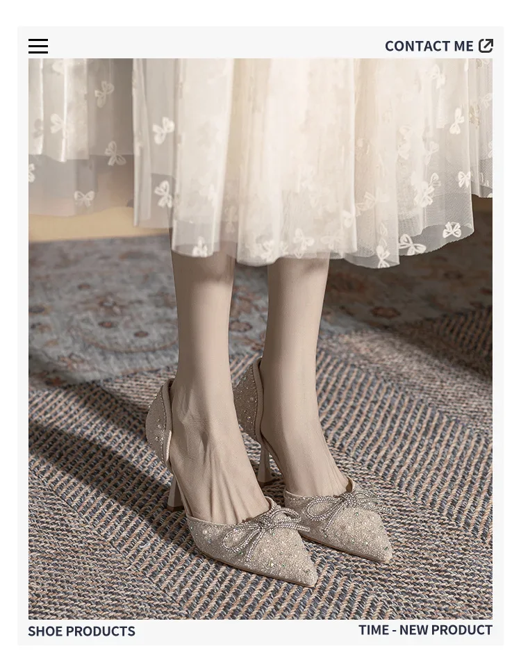 Rhinestone Bow Pointed Thin Heel High Heels, Spring/Summer New Hollow Wedding Shoes, Bridesmaid Shoes, Shallow Mouth