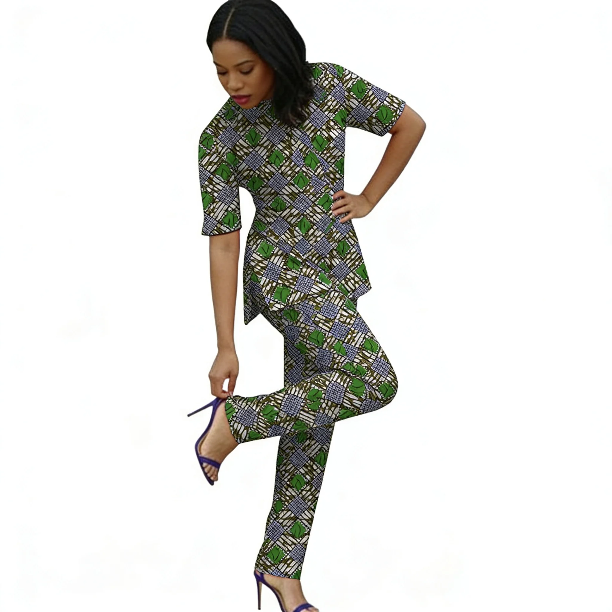 African Couture Women's Short Sleeve Set Patchwork Top With Ankara Trousers Nigerian Lady's Original Design Party Outfit