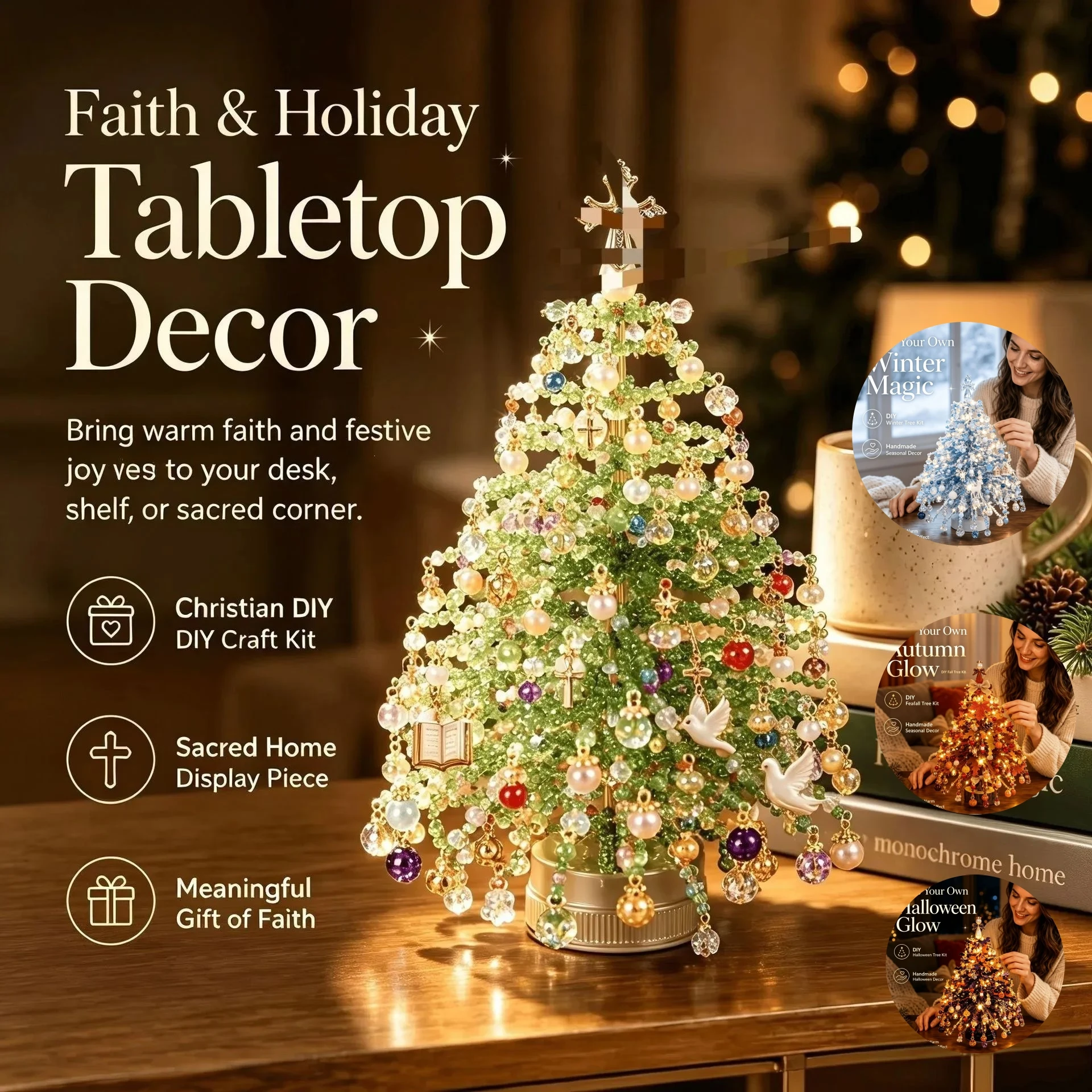 DIY Beaded Christmas Tree Kit, Crystal Holiday Craft Set for Adults | Colorful Beads, Angel Topper, Warm Glow Display