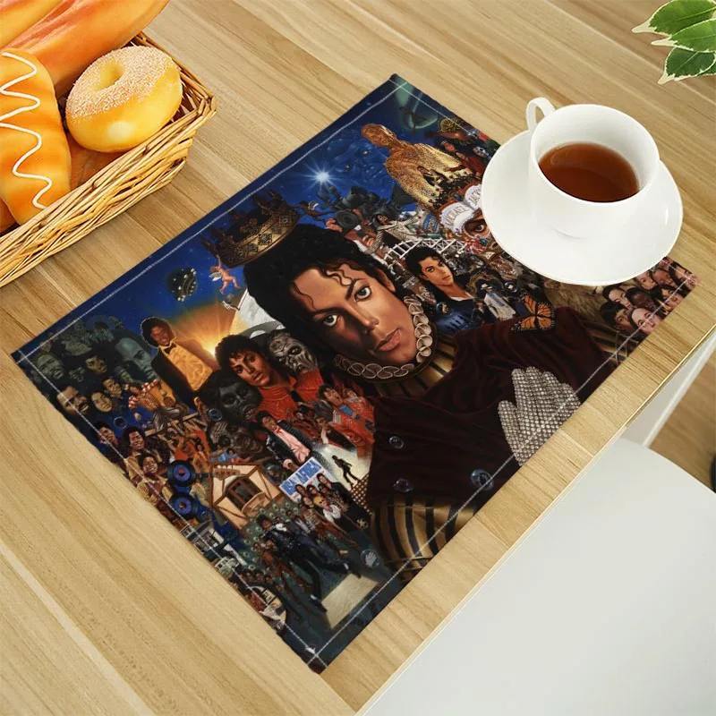 Home Decor Michael Jackson Print Linen Dining Table Mats Alphabet Kitchen Placemat 30X40cm Coasters Pads Bowl Cup Mat