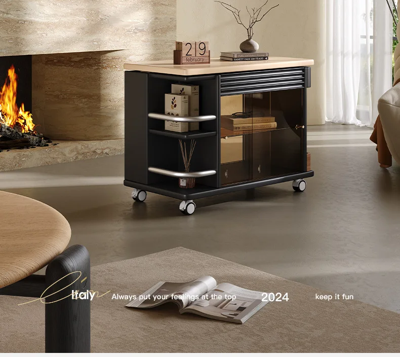 Carro de elevación móvil, mueble lateral creativo multifuncional retro de madera maciza, pequeño apartamento