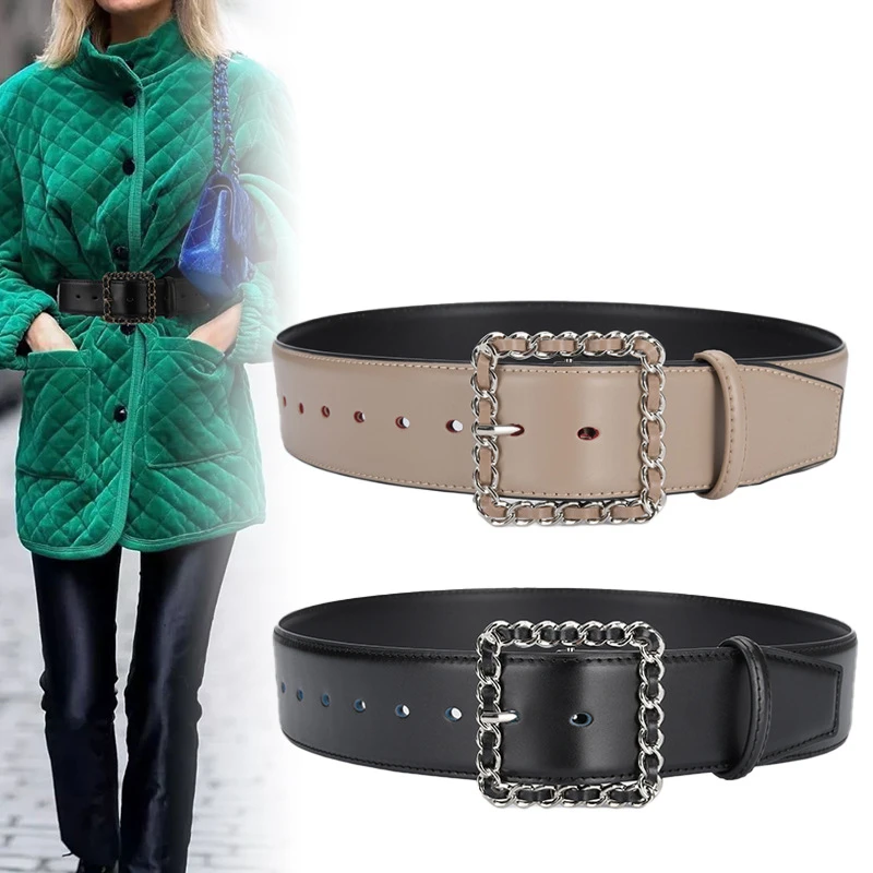 New genuine leather waist belt for women fashion cowhide belt decorative coat windbreaker jacket wide belt 4.8cmwidth