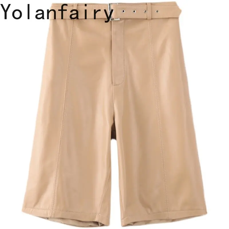 YOLANFAIRY Women Genuine Sheepskin Leather Five Point Pants Autumn Red High Waist Wide Leg Capri Trousers Versatile Boot Pants