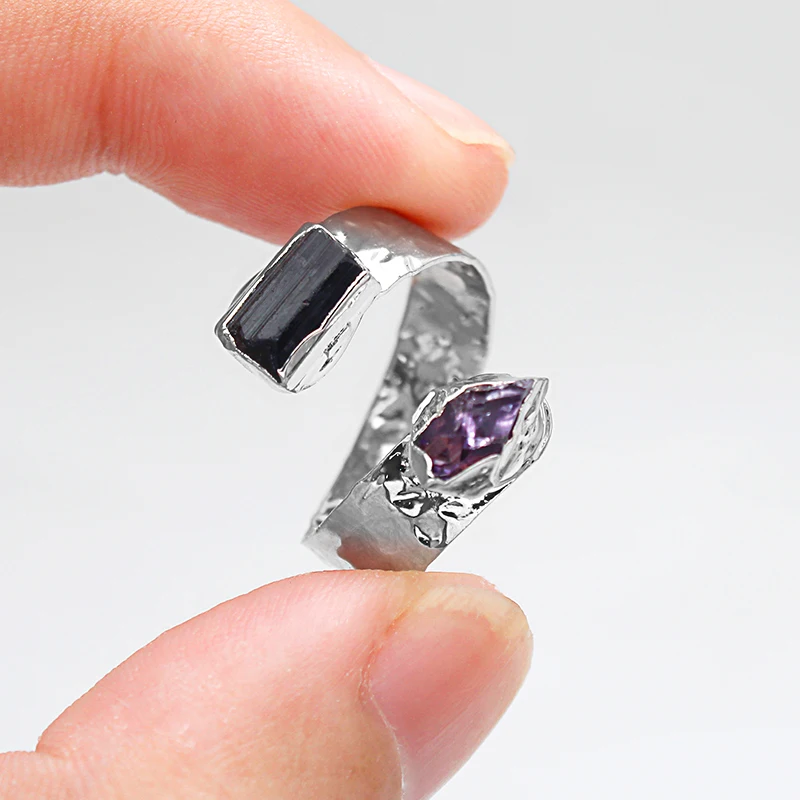 Irregular Purple Crystal Amethyst Open Ring for Women Girls Silver-color Boho Black Tourmaline Finger Jewelry Resizable