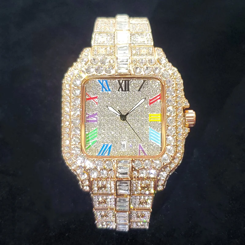 

2025 New Luxury Diamond Watch Men Fashion Bling Iced Out Square Quartz Watches Rap Hip Hop Rose Gold Relogio Masculino for Party