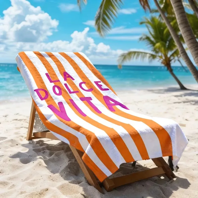 La Dolce Vita Orange Striped Beach Towel Quick Dry Microfiber Absorbent Sand-Free Bath Towel for Summer Pool Vacation