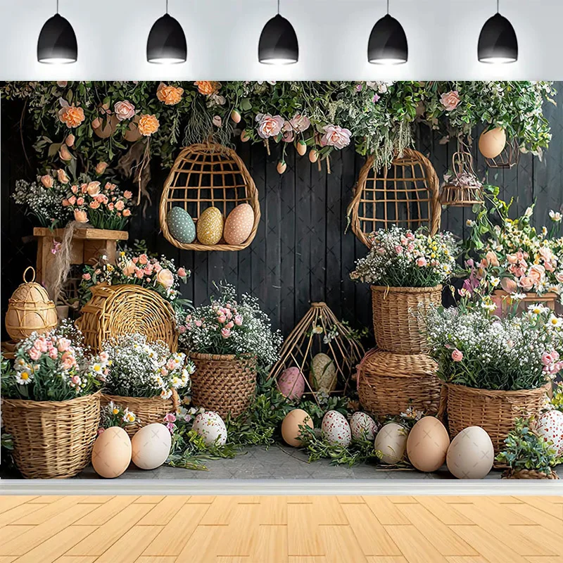 

Easter Party Wreath Spring Garden Children's Photography Props Rabbit Colorful Eggs Newborn Portrait Shoot Background FH-53
