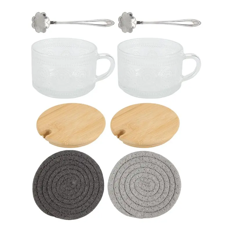 

Винтажные стеклянные кружки для кофе, набор из 2 штук, стеклянные чашки для кофе и чая с бамбуковыми крышками, подставками и ложками, 15 унций, прозрачные, с рельефным узором, прочные, B