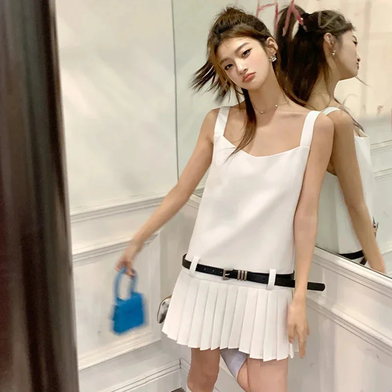 2025 Summer New Chic Women Dress Y2K White Strap short Pleated Frock female Fashion h-type mini Dresses with Belt