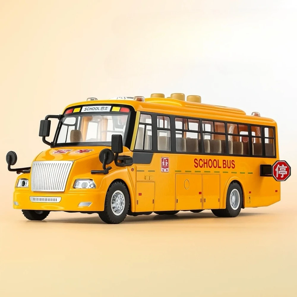Modelo de autobús escolar a escala 1:24, juguete de aleación fundido a presión, puertas extraíbles, simulación abierta, vehículos para contar historias, sonido, luz, regalo para niños