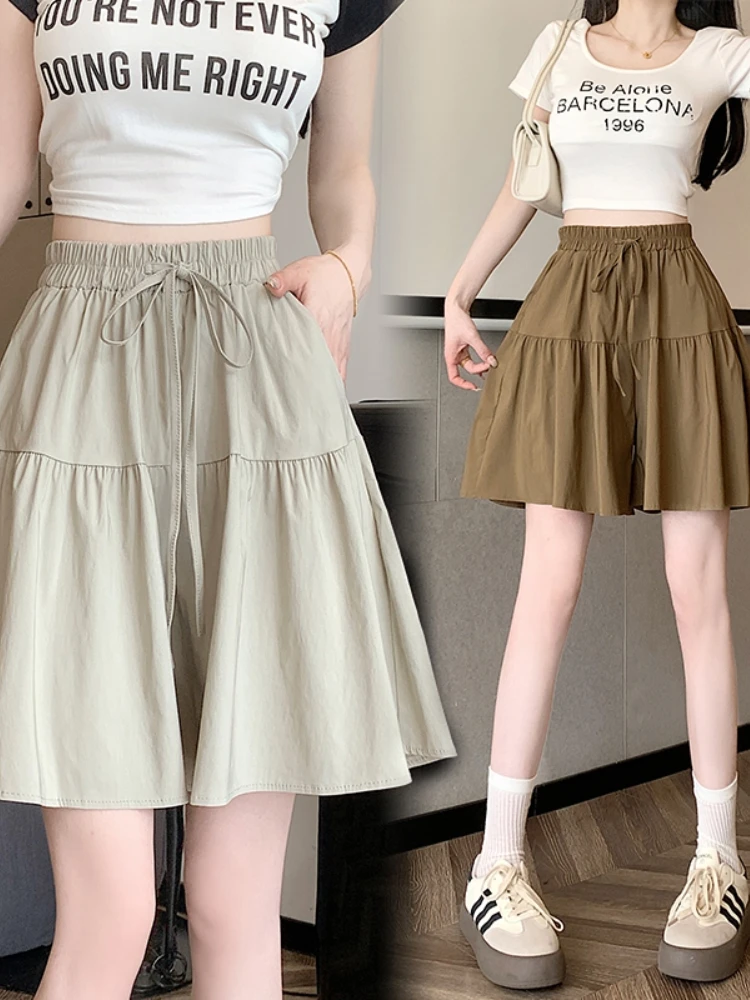 

Ice Silk Wide Leg Pants Skirt Women's Summer plus Size Loose Elastic Waist A-Line Five-Quarter Casual Shorts