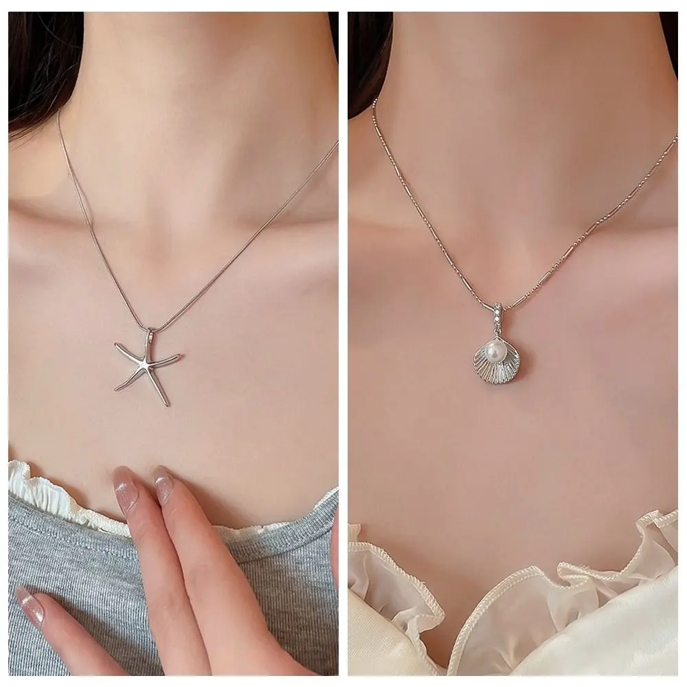 

Korean Simple Starfish Necklace Bohemian Starfish Choker Shell Pearl Chain Necklace Beach Sea Series Jewelry Silver Color