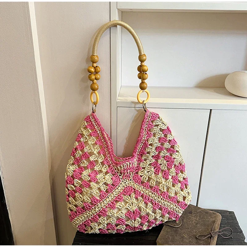 8 Stile Perlenbesetzte Häkel-Strick-Handtasche mit Farbblock-Design, Damen Sommer Hohlgeflochtene Handtasche, Leichte Lässige Strandtasche – Detail 10