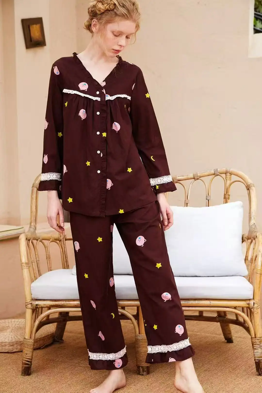 

Женский комплект одежды для сна из 100% чистого хлопка, повседневная домашняя одежда, модная рубашка и брюки с принтом, удобная одежда для сна