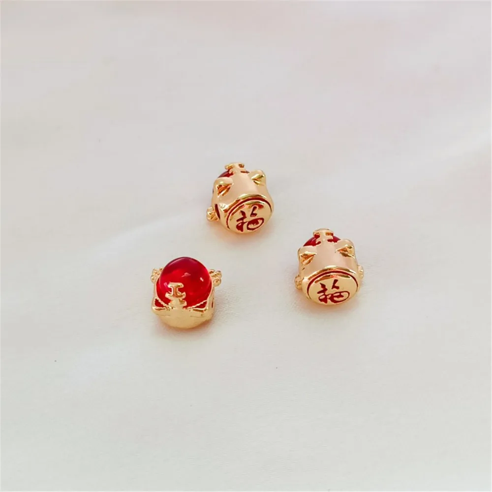 14K Gold-plated Oil-drip Inlaid Pigeon Blood Red Tiger Fortune King Straight Hole Bead Bracelet with A Handcrafted DIY Accessory