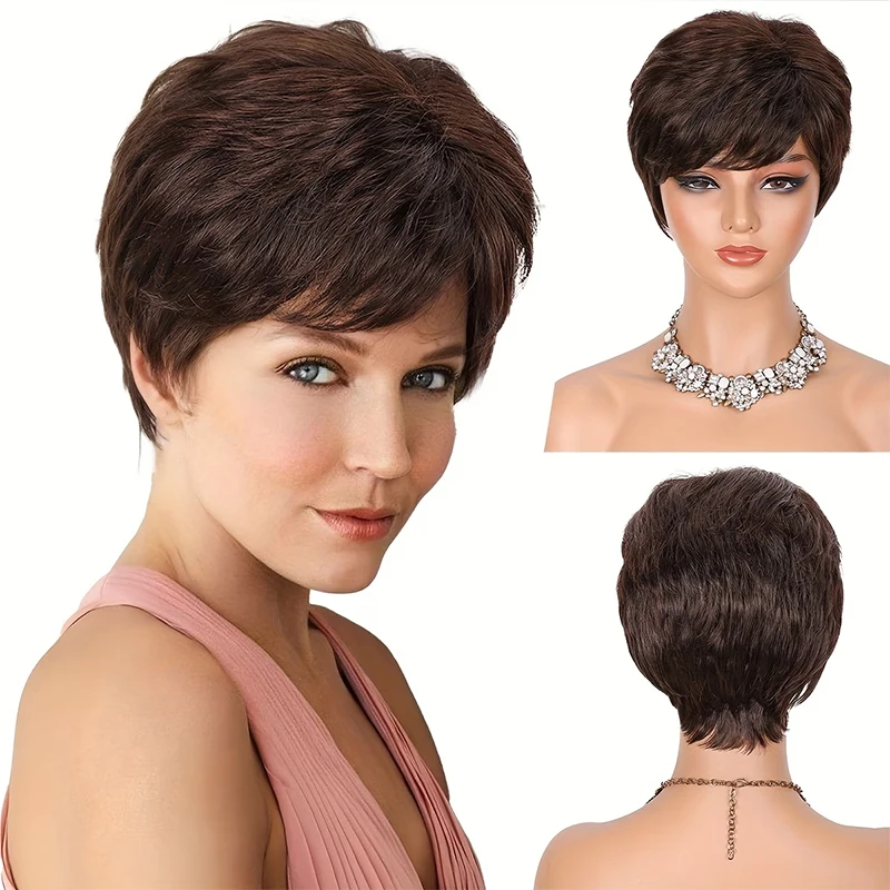 8-inch brown short synthetic wig for women, with a natural look, lightweight and breathable