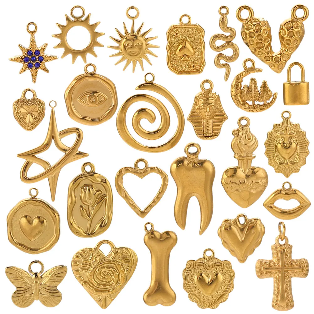 

5pcs Stainless Steel Small Charms For Jewelry Making Heart Sun Flower Gold Plated Charm Necklace Pendant Jewelry Finding Bulk
