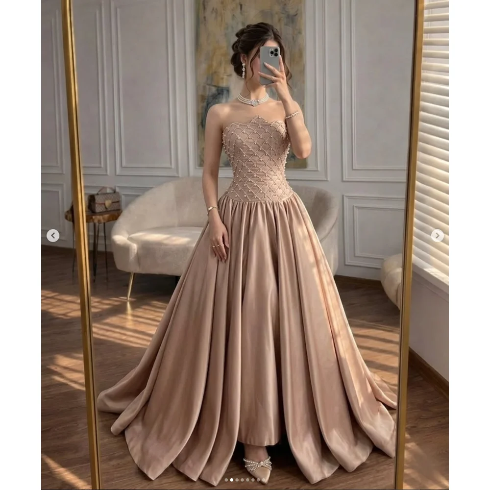 Customized Nude Satin Ball Gown Strapless Scallop Sweetheart Grid Crystal Beaded Fitted Corset Flared Floor Evening Gown