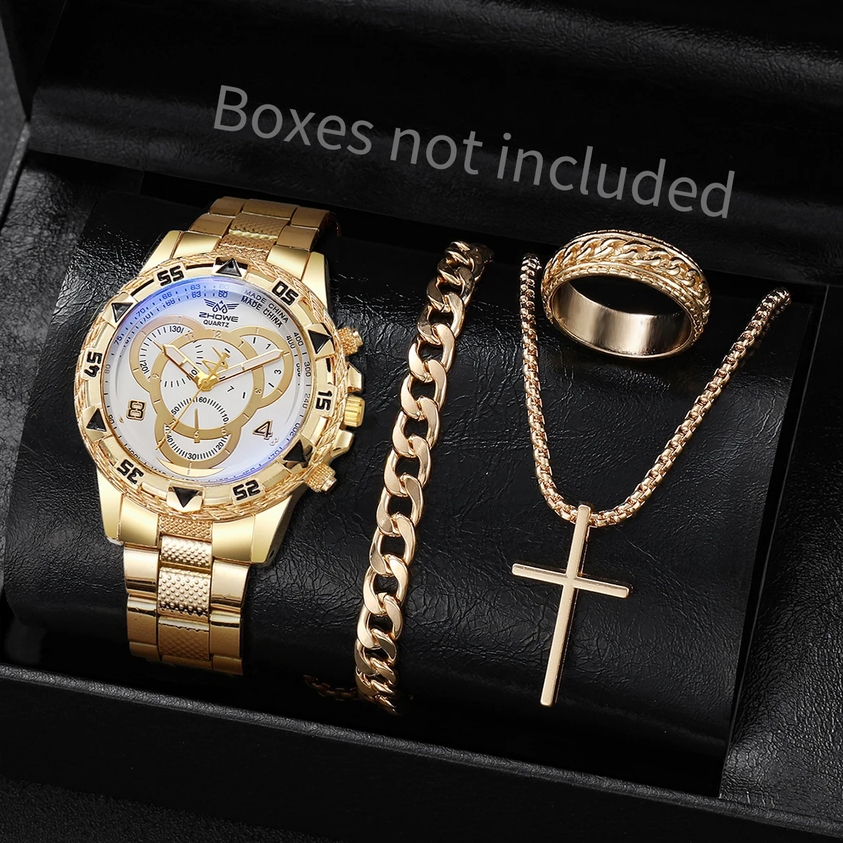 4 ピース/セット高級メンズビジネス腕時計ファッションラージダイヤルクォーツ腕時計ジュエリーセットリロイ Hombre (箱なし)