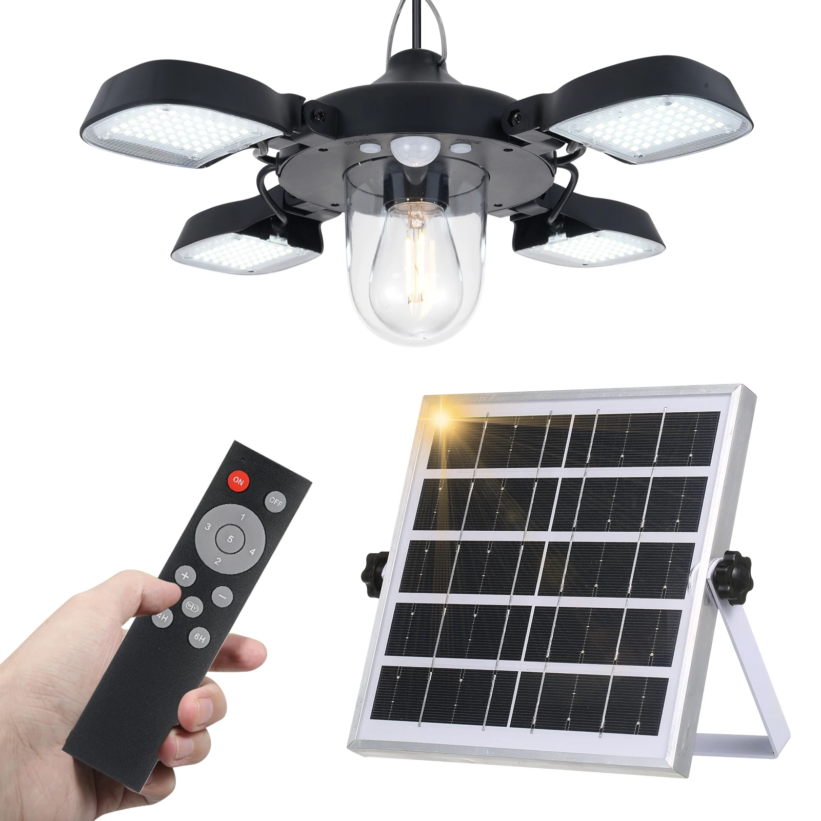 192LEDs Solar Powered Pendant Lamp PIR Motion Sensor Light 4-Panel Hanging Lamp with Light Bulb Garage Light