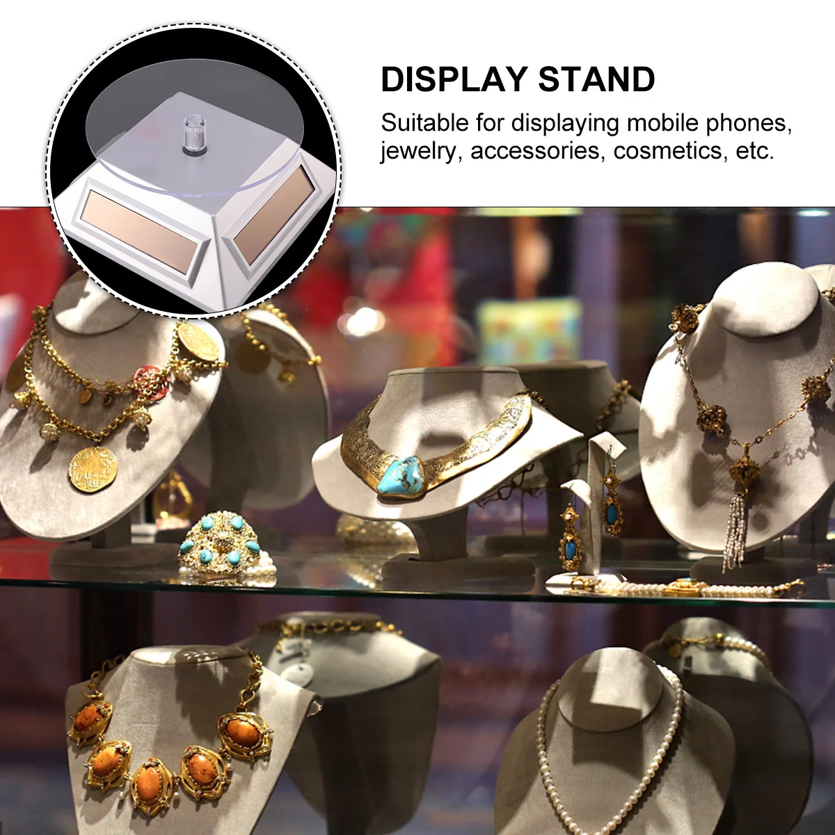 

3 Layer Solar Rotating Jewelry Display Stand 360 Automatic Showcase Necklace Bracelet Watch Phone Organizer Silver