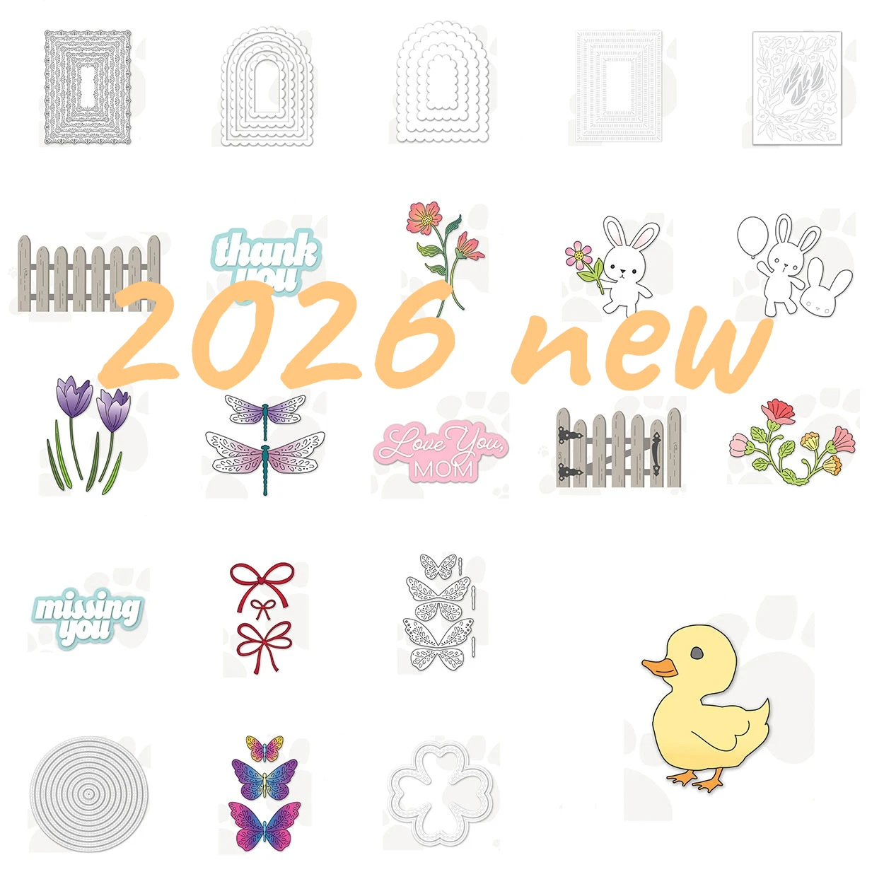 Spring NEW 2026 Spring Cute Rabbit Duck Dragonfly Butterfly Floral Fence Nested Frame Thank You Love Metal Cutting DiesScrapbook