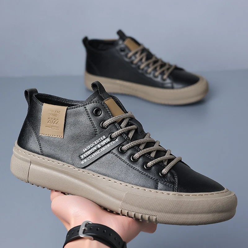 

Новая мужская обувь, повседневная обувь из натуральной кожи, высокие кеды, туфли для скейтборда на плоской подошве, крутые ботинки на шнуровке